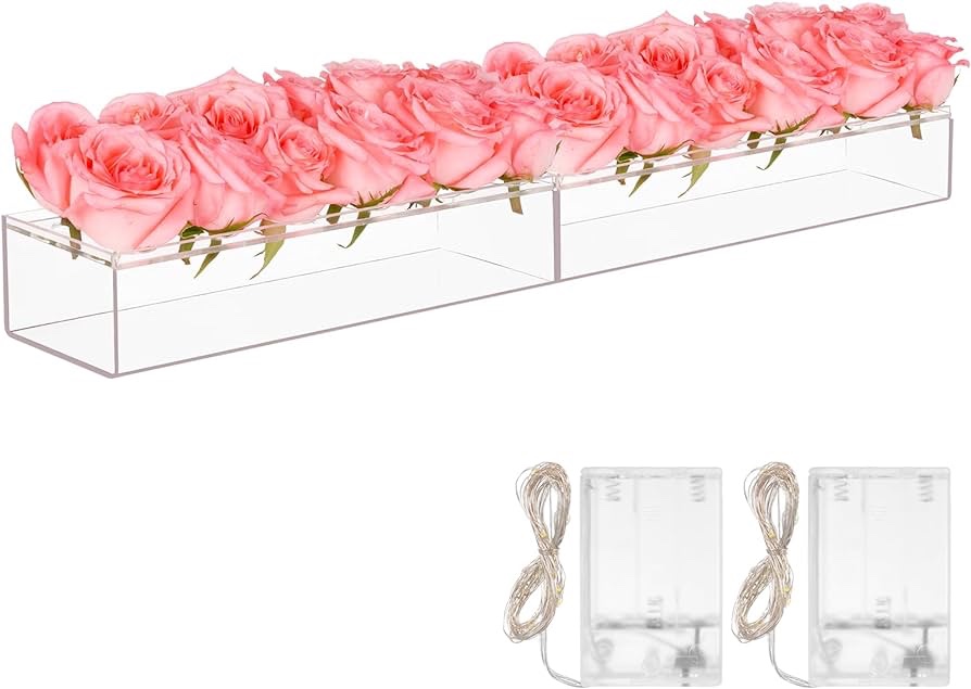 2 Pcs Flower Vase Acrylic Rectangular Floral Centerpiece with A Roll Ribbon 15.7'' Long Clear Vase with Holes for Dining Table Long Rectangle Vase Decorative Modern Vase for Wedding Dining Table Decor