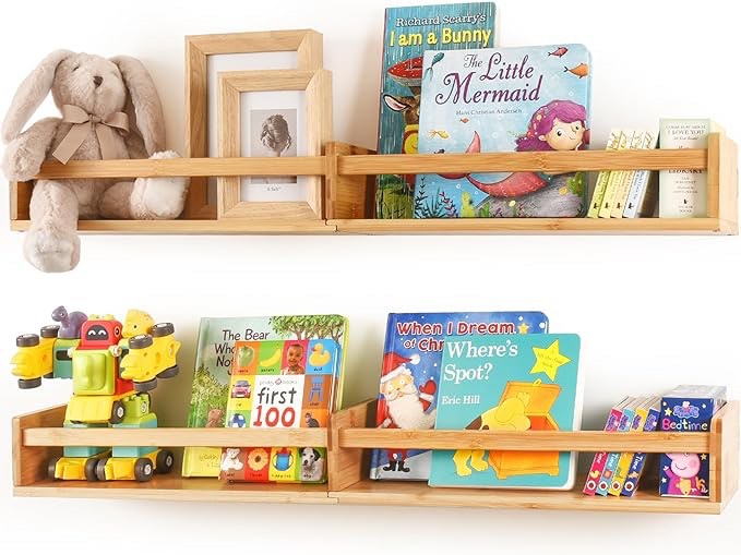ZZM Bamboo Nursery Book Shelves Set of 2, 32 inch Floating Shelves Kids Bookshelf for Wall Decor and Toy Storage, Small Wall Shelf for Bedroom Living Room Kitchen Bathroom Office Frames