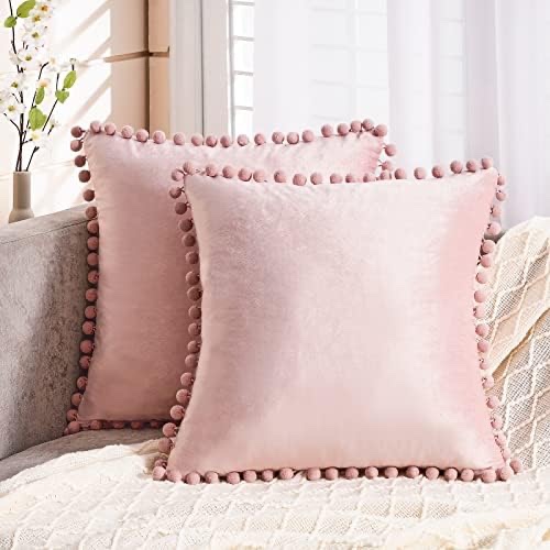 Topfinel Pink Decorative Throw Pillow Covers with Tassel for Couch Bed Sofa Soft Velvet Boho Accent Rustic Solid Cushion Covers 20 x 20 Inch?50 x 50 cm?,Pack of 2 Blush Pink