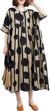 Versear Women Cotton Linen Dress Casual Loose Bohemian Floral Maxi Dress with Pockets