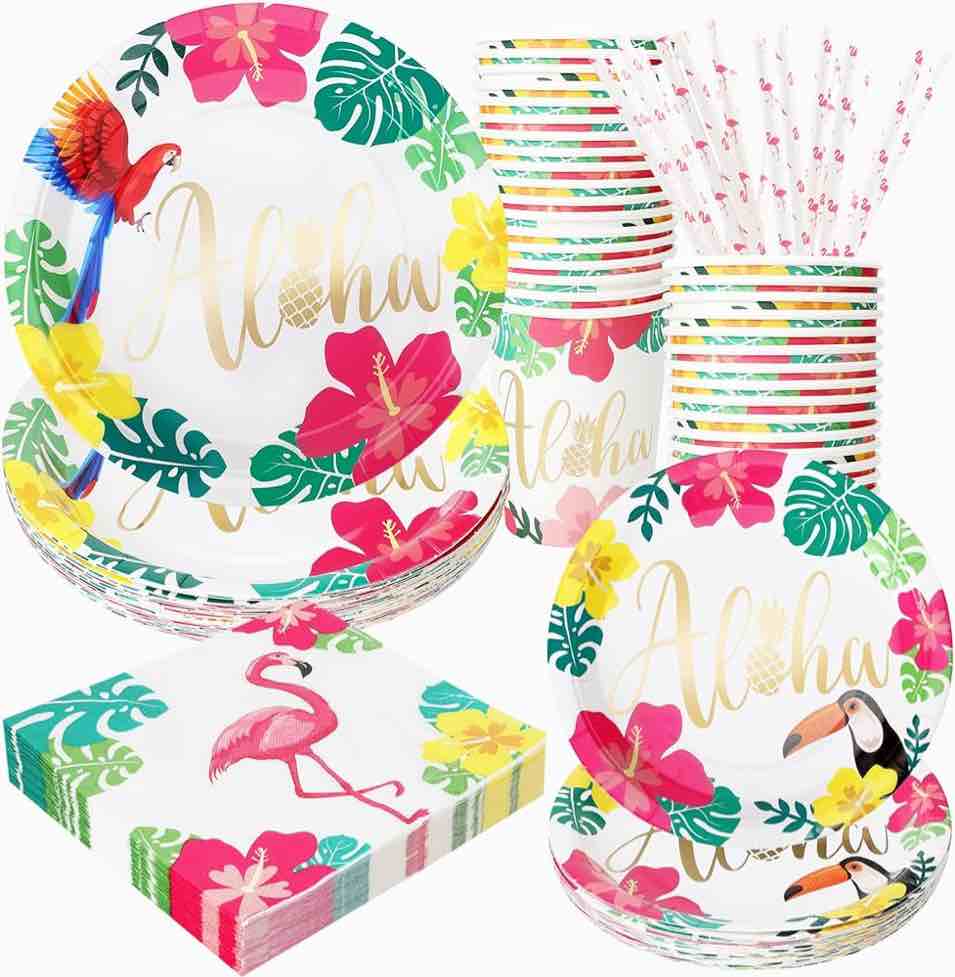 Hawaiian Party Plates and Napkins Set Hawaiian Tropical Party Decorations Supplies Tropical Flamingo Birthday Party Hawaiian Luau Theme Party Tableware for Summer Palm Leaves Party Decorations, 24 Guests