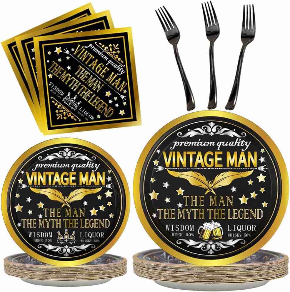 Vintage Men Party Plates and Napkins Set Whiskey Party Supplies Aged to Perfection Birthday Party Decorations Vintage Black and Gold Theme Party Tableware for Legendary Man, 24 Guests