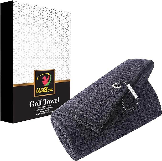 Willtow Golf Towel - Tri-Fold Gof Bag Towels for Golf Bags - Durable Microfiber Towel with Heavy- Duty Clip in Gift Box - Waffle Pattern Golf Club Towel -Modern Golf Accessories for Men, Women – Black