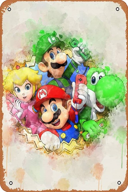 Mario Characters – Video Game Character – Poster – Canvas Print – Wooden Hanging Scroll Frame Retro Vintage Metal Plaque Sign Tin Sign for Home Bar Kitchen Pub Wall Decor Signs 12x8inch