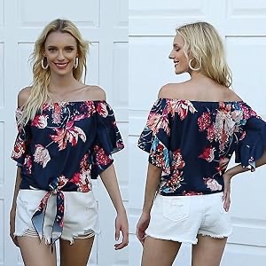 Ellies Women Summer Boho Tunic Blouse Loose Open Shoulder Blouse Top,Pattern3,L