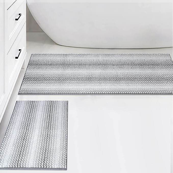 Abilliongo Bathroom Rug Set, Grey Bath Mats Non Slip Bath Rugs Set Machine Washable Chenille Plush Bath Rug Water Absorbent Super Shaggy Bathroom Mat Rugs 17"×24"+17"×47"