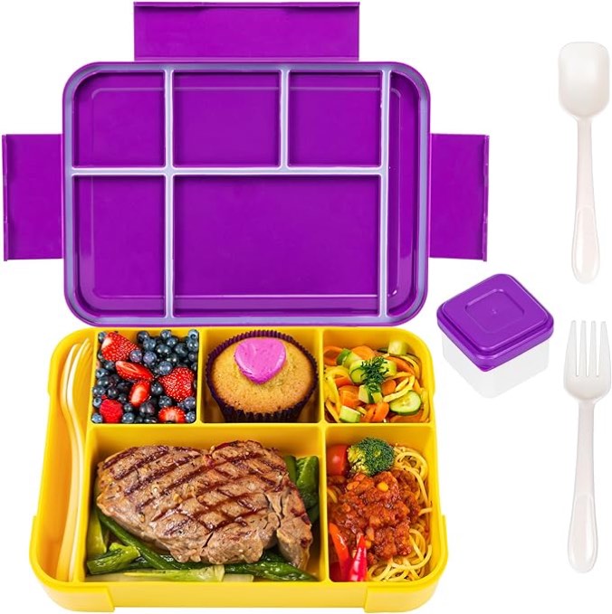 Bento Lunch Box for Kids, 1330ML Bento Box Adult Lunch Box with 6 Compartment, Leakproof Snack Boxes with Utensil Sauce Dressing Containers, Reusable On-The-Go Meal and Snack Packing(Purple/Yellow)