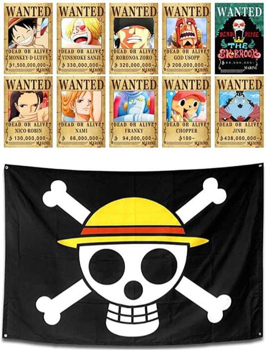 Pirates Wanted Posters Set of 10pcs Home decor + Jolly Roger Pirate Banner Flag Wall Art Hanging