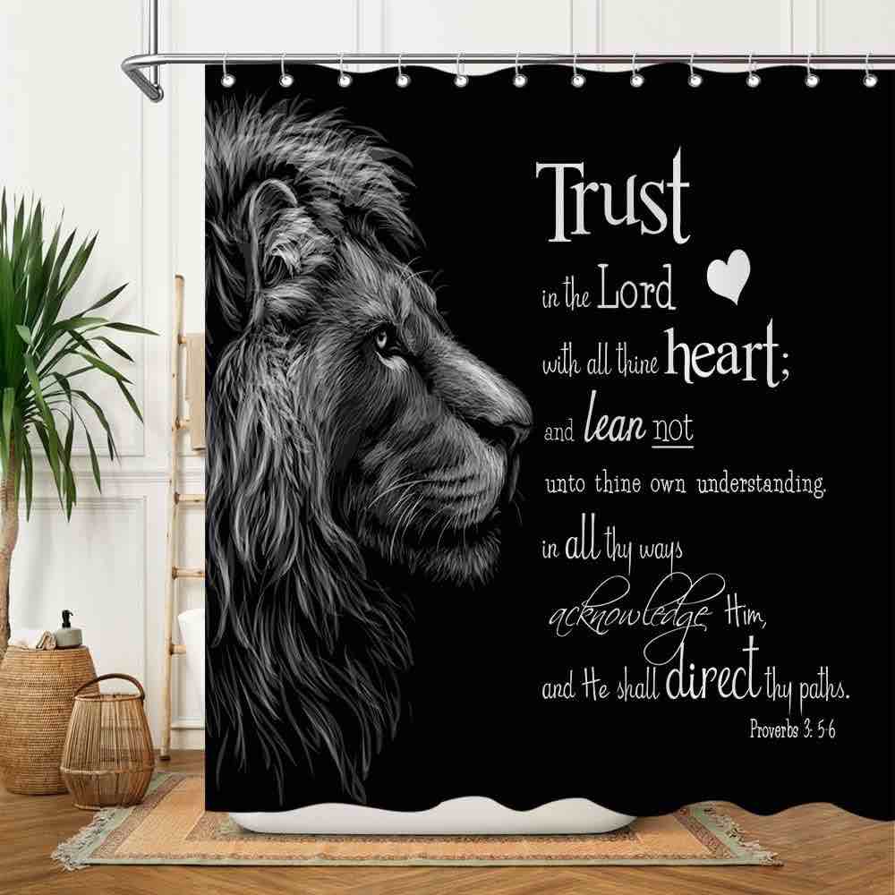 Black Lion Shower Curtain 72 x 72 Inch Trust in The Lord with All Thine Heart Inspirational Bible Verse Quotes Shower Curtain Lion King Head African Wildlife Wild Animal Safari Cool Bathroom