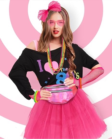 TraLxwee 80s Costume Accessories for Women, 80s Outfit T-Shirt Tutu Skirt Fanny Pack Leg Warmers Headband Earrings Necklace