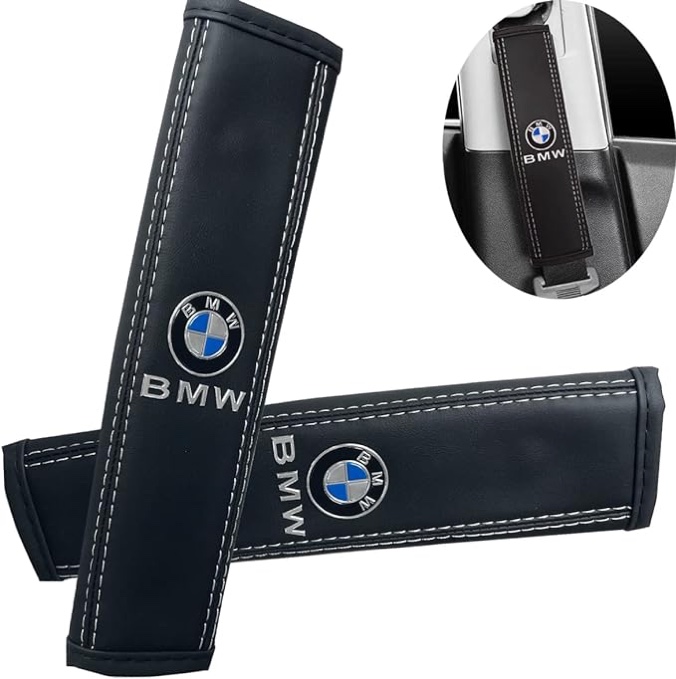 agafia Replacement Carbon Fiber Car Seat Belt Cover for BMW, Seat Belt Shoulder Pads/Leather Seat Belt - Black