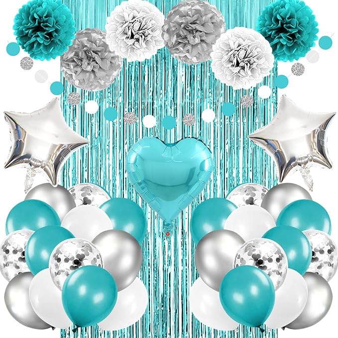 Iysoll Teal Blue and Silver Birthday Party Decorations Happy Birthday Banner Turquoise Aqua Teal Balloons Tissue Pom Poms Foil Fringe Curtain for Women Girls men boys