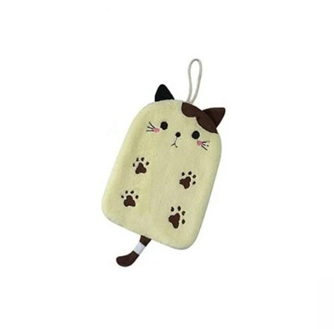 M-Tra Hand Towel – Premium Kitchen Hand Towels with Hanging Loop – Cute Design Dish Towels – Ultra-Absorbent Coral Fleece – Hand Towels for Kitchen, Bathroom, Dishes (1 pcs) (Light Yellow, Kitty)