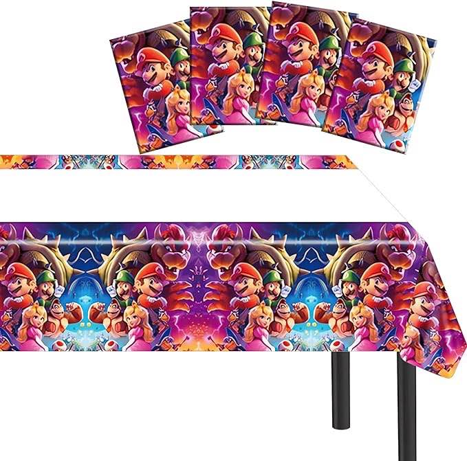 Urbsgurs 2 Pcs Mario Move Disposable Game Tablecloth, Birthday Party Supplies Cartoon Story Tablecloth Party Table Cover Cartoon Table Banner for Birthday Party Decorations