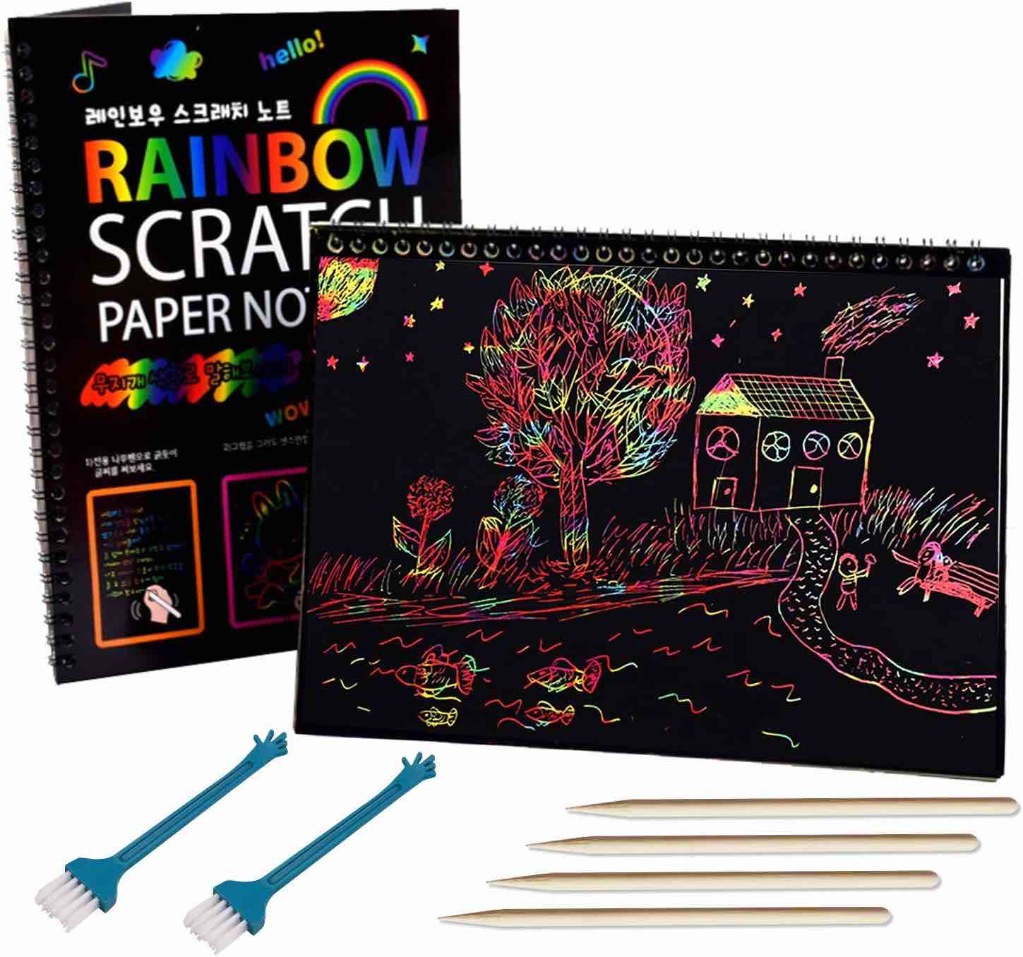 SKYFIELD Rainbow Scratch Paper Art Notebooks 24 Sheets x2 Packs, Scratch Off Art for Kids Activity Color Book Pad Black Magic Art Craft Supplies Kits for Girls Boys Birthday Party Favor Toys Gift