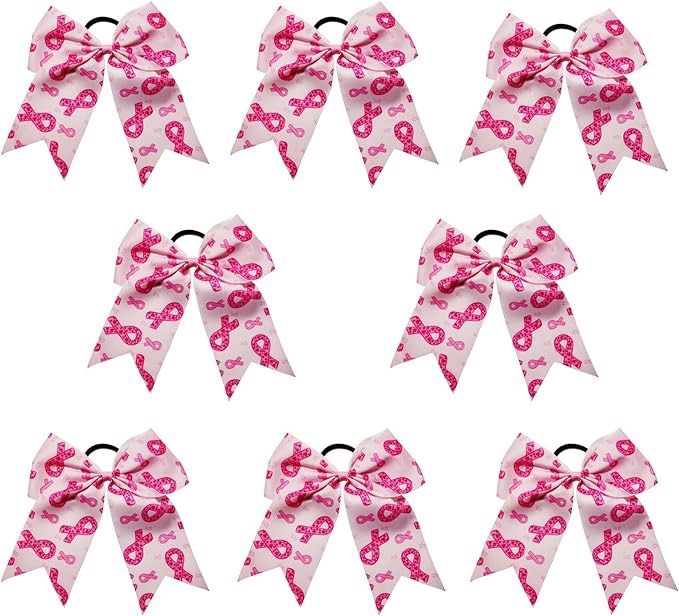7.5 Inch Breast Cancer Awareness Cheer Bow Large Glitter Hair Bow Pink Ponytail Holder Elastic Hair Ties for Cheerleader Girls (5)