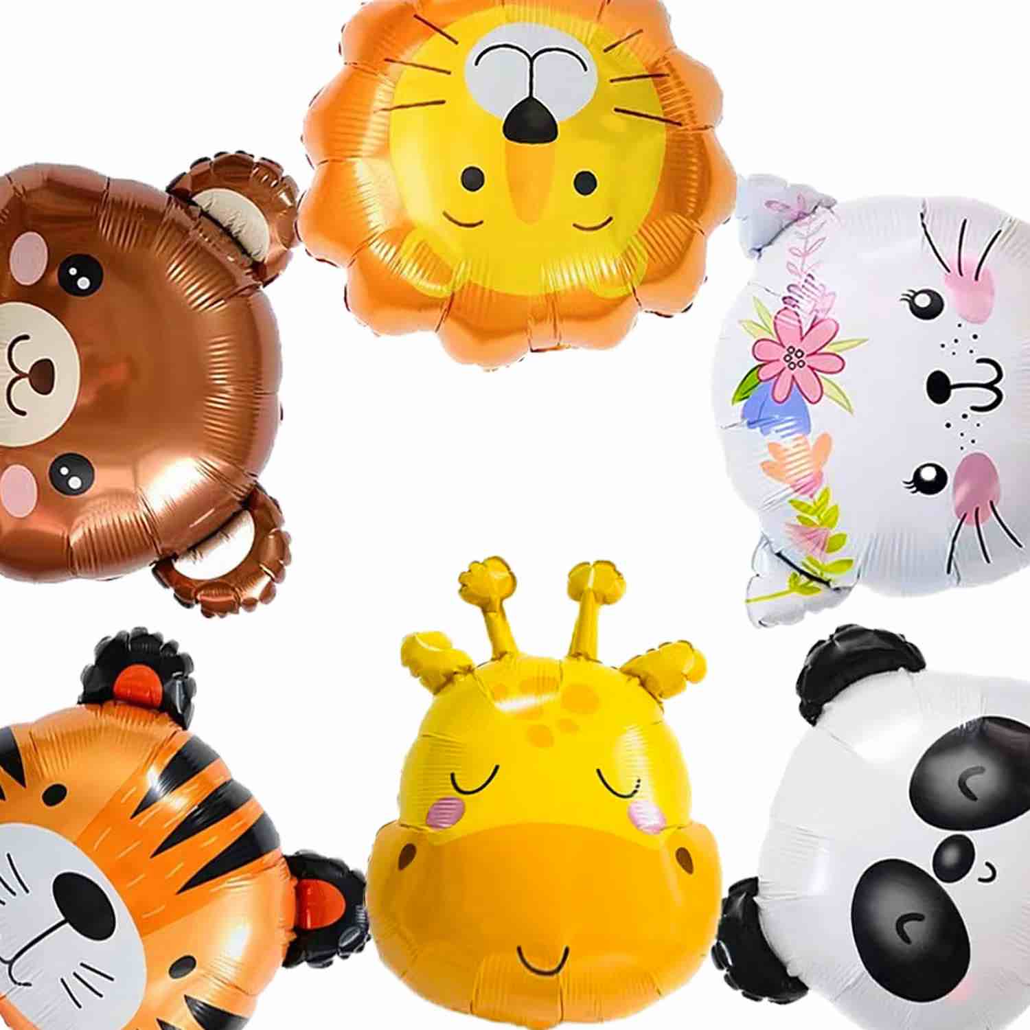 Gallasy 6pcs Giant Zoo Animal Head Balloon, Helium Foil Safari Animal Balloons, Cat, Giraffe, Brown Bear, Tiger, Lion, Panda Balloon for Kids Birthday Party, Zoo Animal Party, Baby Shower