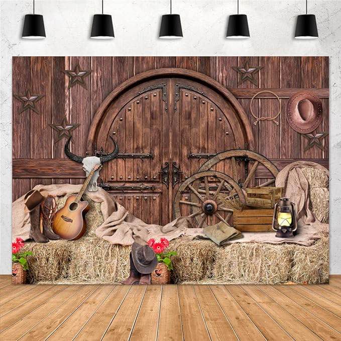 7x5ft Farm Barn Door Backdrop Old Western Cowboy Vintage Photography Background Banner Baby Shower Children Birthday Party Decoration Wallpaper Photo Studio Props