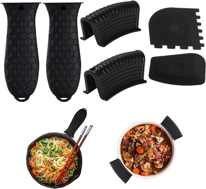 Silicone Hot Handle Holder,6PCS Pan Handle Sleeve Pot Holders Cover Black, Non Slip Rubber Pot Holders for Kitchen Heat Resistant, Handles Grip Covers for Cast Iron Skillets Frying Pans Casserole