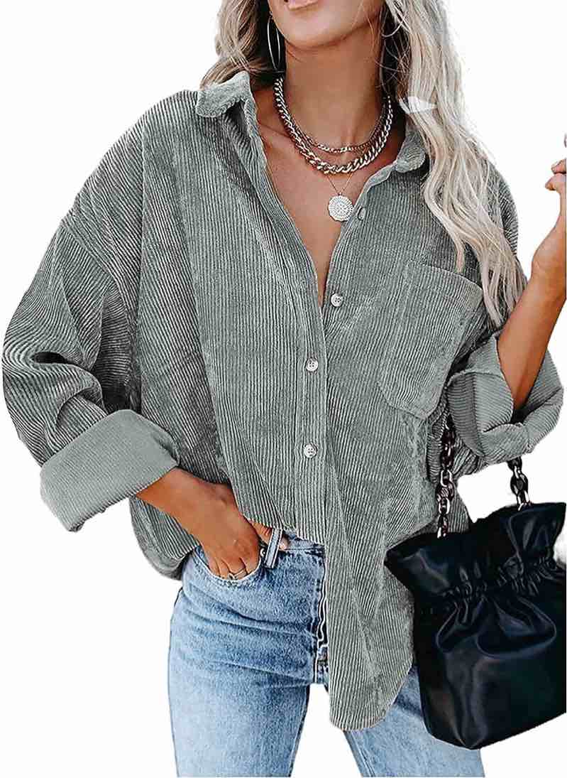 (US 4-6(S) )SHEWIN Womens Corduroy Shacket Jacket Long Sleeve Button Down Shirt Fall Casual Loose Leopard Patchwork Oversized Tops with Packets, Dark Grey