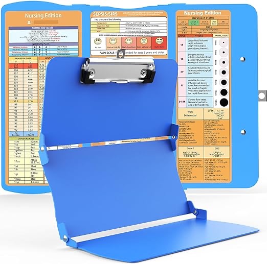 Foldable Nurse Clipboard - Aluminum Collapsible Clipboard with Cheat Sheets - Small Tri-Fold Vertical Pocket Clip Board, Gift for Clinical Nurses, Medical Students, Blue