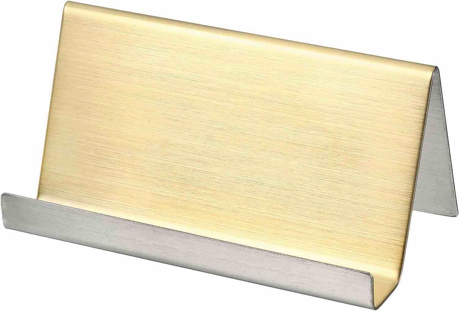 PATIKIL Business Card Holder, Brushed 304 Stainless Steel Desktop Name Cards Display Stand for Office Desk, Gold