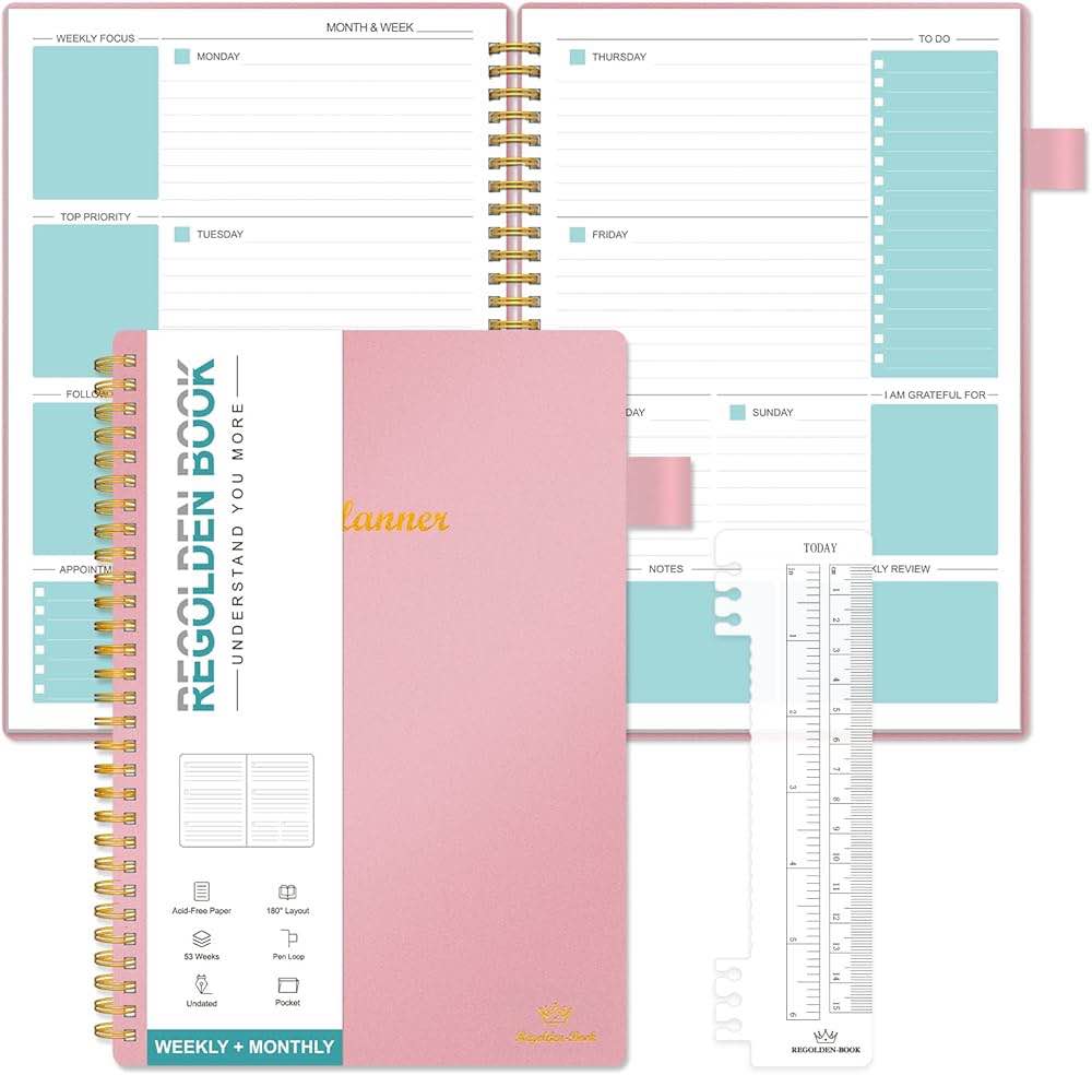 REGOLDEN BOOK Weekly+Monthly Planner Undated, Weekly Goals Schedule Planner with Yearly Planner — Regolden-Book 12 Month Life Productivity Journal, Habit Tracker Organizers Notebook for Men/Women, Twin-Wire Binding, Flexible Cover, Pocket, Pen Loop, 53 Weeks (A5 Size, Pink)