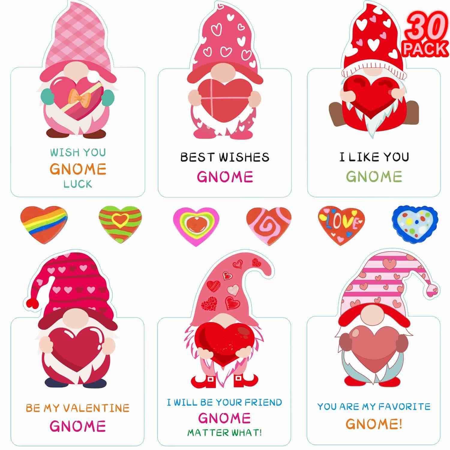 meigiler 30 Pack Gnome Valentines Day Cards for Kids with Heart Erasers and Glue Dot for Valentines Day Party Favors Class Classroom Exchange Gift for Girls Boys