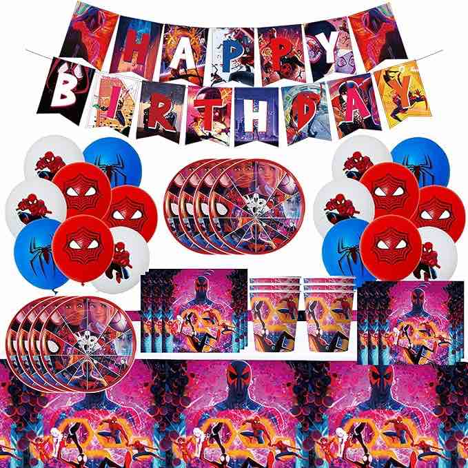 Spiderman Birthday Party Supplies,210pcs Birthday Party Decorations Include Happy Birthday Banner,Tableware Set,Tablecover,Cake Toppers,Cupcake Toppers,Foil Balloons,Latex Balloons Set,Bottle Labels,Chocolate Stickers