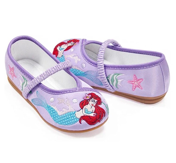 (Size:29) Girls Embroidery Shoes Ariel Princess Shoes Vintage Mermaid Pattern Shoes Toddler Baby Kids Comfortable Anti-slid Low Heel Flats