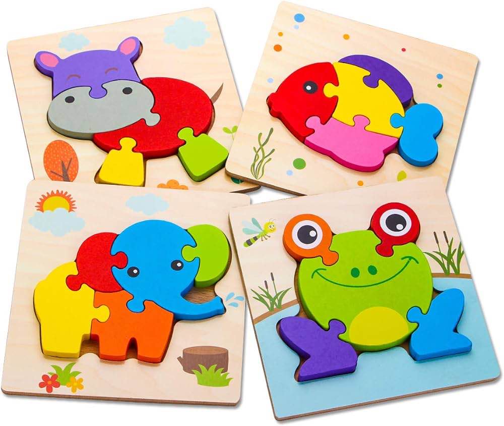 SKYFIELD Wooden Animal Toddler Puzzles for 1 2 3 Years Old Boys & Girls, Baby STEM Educational Toy Gift with 4 Animals Montessori Bright Color Shapes Learning Puzzles,Great Gift Ideas for 1-3