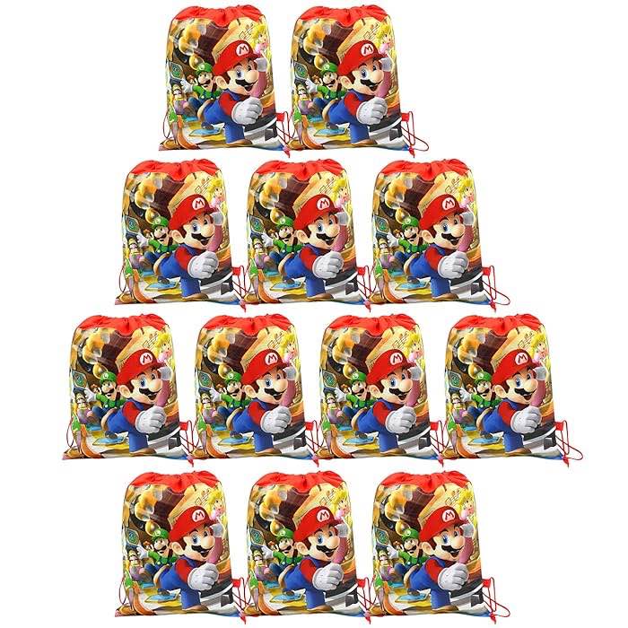 Party Bags Drawstring Backpacks 12pcs, Kids Birthday Party Give Aways Supplies Beach Swim Gift Pouch Goodie String Reusable Bags for Children Boys Girls Toddlers (Mario)