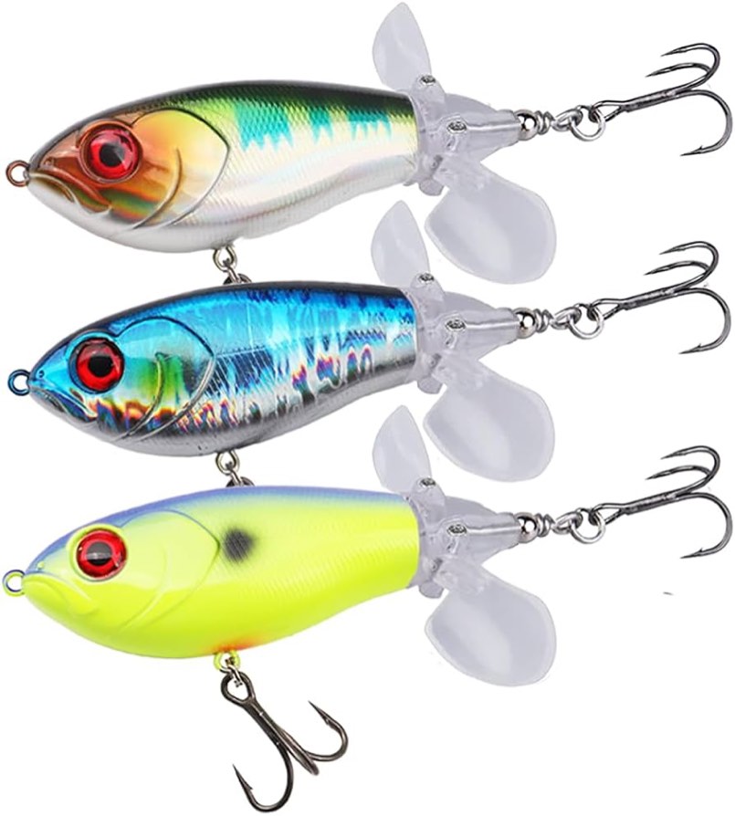 HUKPRO Whopper Ploppers with Double-Blade Propeller, 3PCS Topwater Fishing Lures with BKK Hooks, Fishing Lures for Bass Walleye Pike Perch, Fishing Lure Kit Freshwater or Saltwater