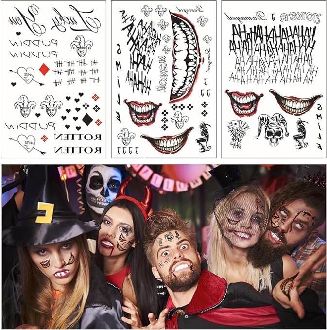 Halloween Prank Makeup Temporary Tattoo, Horror Big Mouth Stickers Lip Temporary Tattoos For Clown Joker Adults Kids Makeup Props For Halloween Cosplay, Prank Decorations, Haunting Party(3 Sheets)