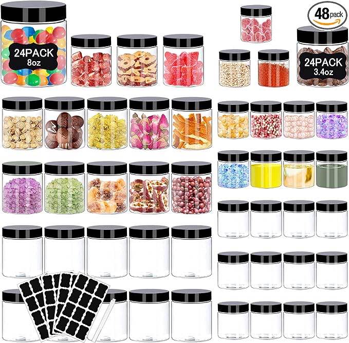 Hajoyful Plastic Jars with Lids 48 Pcs 8 oz & 3.4 oz Clear Plastic Slime Storage Jars Containers with Airtight Black Plastic Screw On Lids Cylinder Clear Round Jars Easy Clean Food Grade Durable Jars