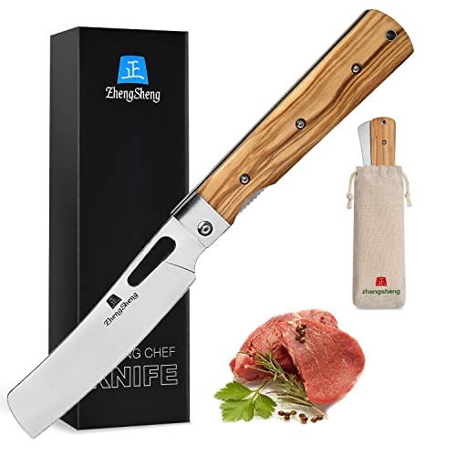 ZhengSheng Folding Chef Knife 4.8" Sharp 440A Stainless Steel Blade Wooden Handle Pocket Foldable Japanese Style Kitchen Knife for Outdoor Camping Cooking