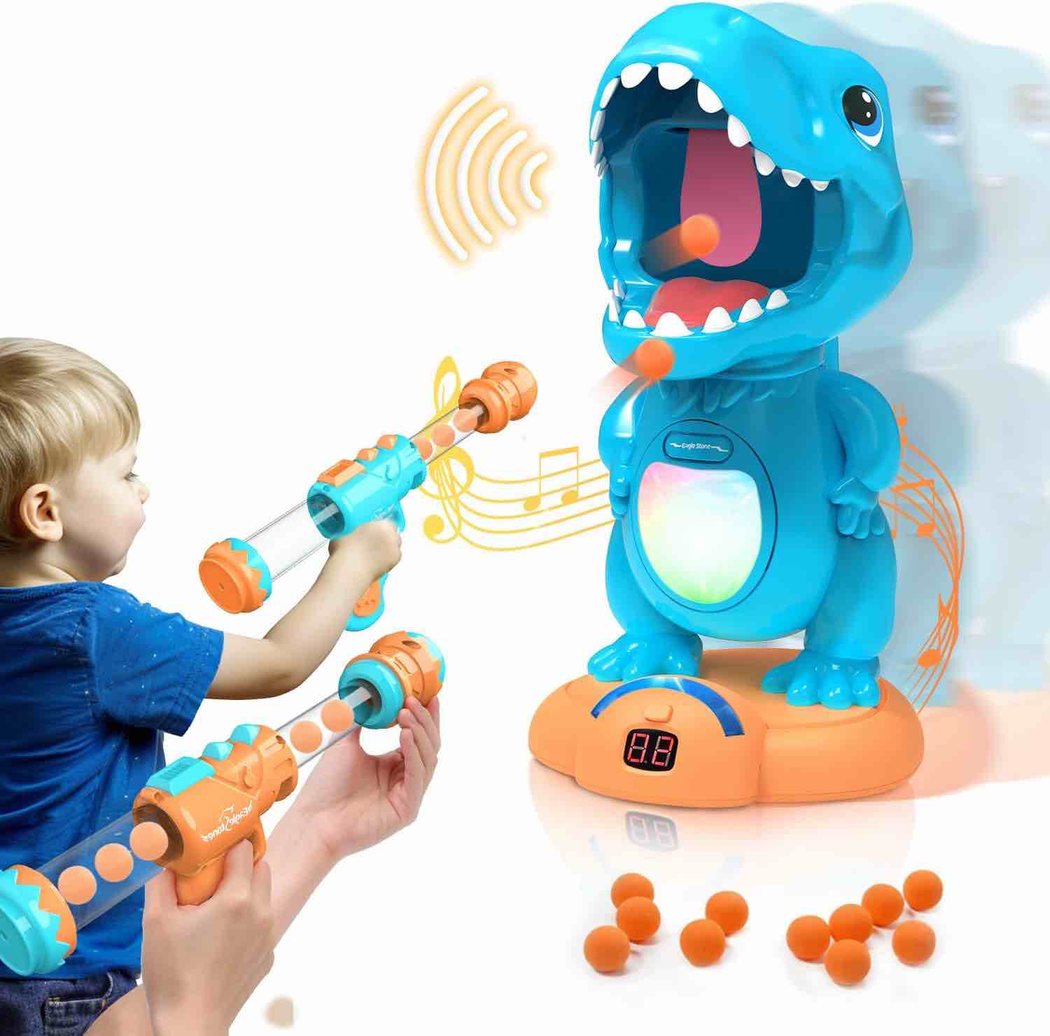 EagleStone Moveable Dinosaur Shooting Toys for Boys, Kids Target Shooting Games w/ 2 Air Pump Gun LCD Score Record& Sound, 48 Foam Balls Electronic Target Practice Gift Toys for Toddlers 5 6 7 8 9