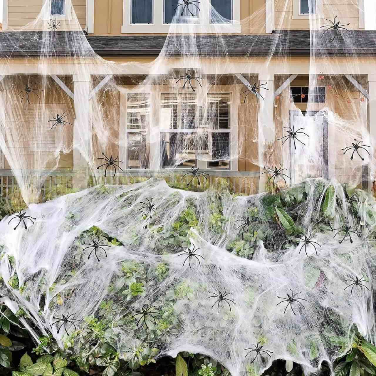 Spider Webs Halloween Decorations Bonus with Fake Spiders,Stretch Cobwebs for Halloween Outdoor Party Supplies (1000 sq ft)
