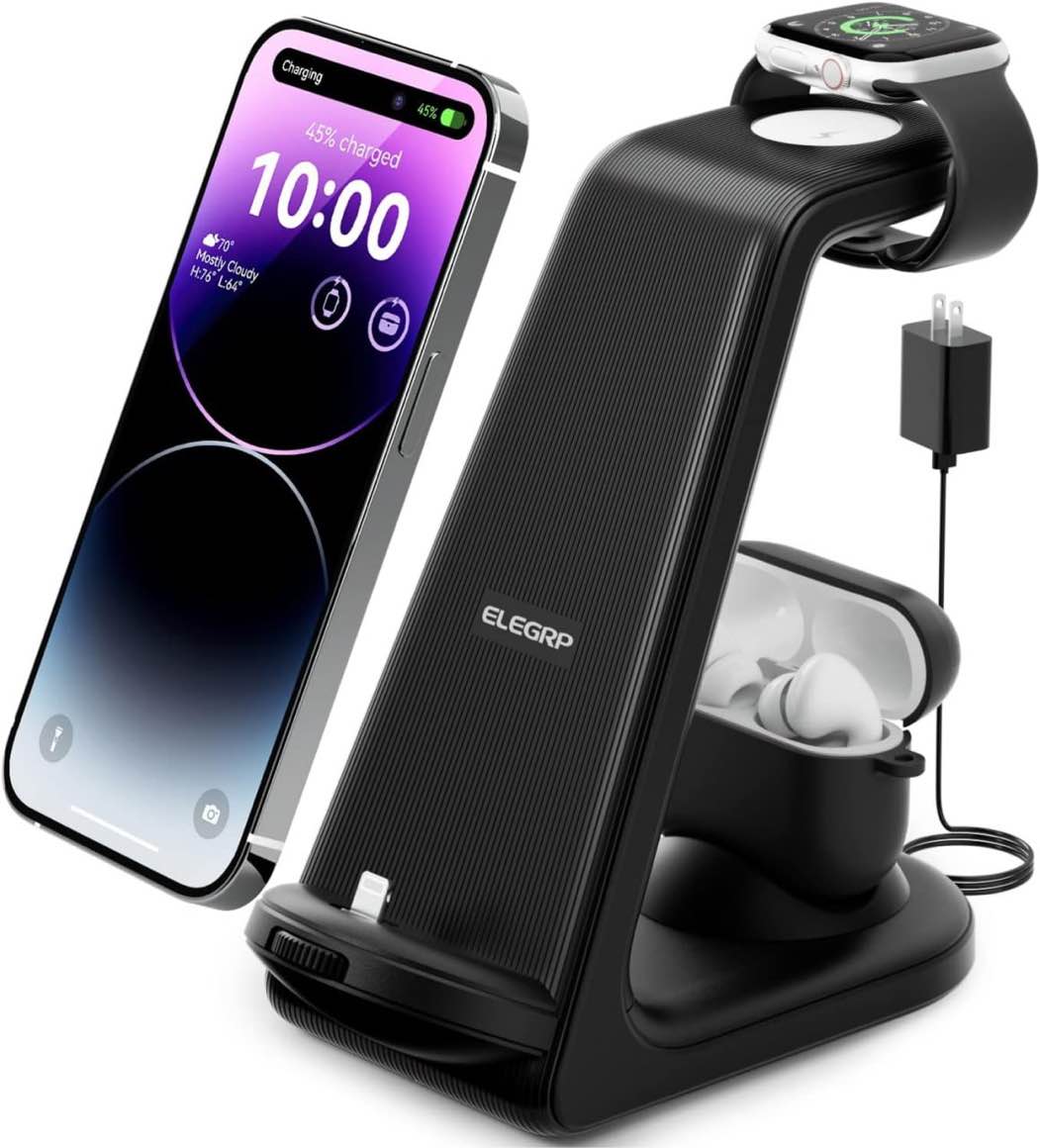 ELEGRP iPad Apple Watch and Phone Charging Station, Multi-Device Charging Station for iPad Mini, iPhone 14 13 12 11, Apple Watch and Airpods, Charge Without Removing Phone Case, LED, FCC (Black)