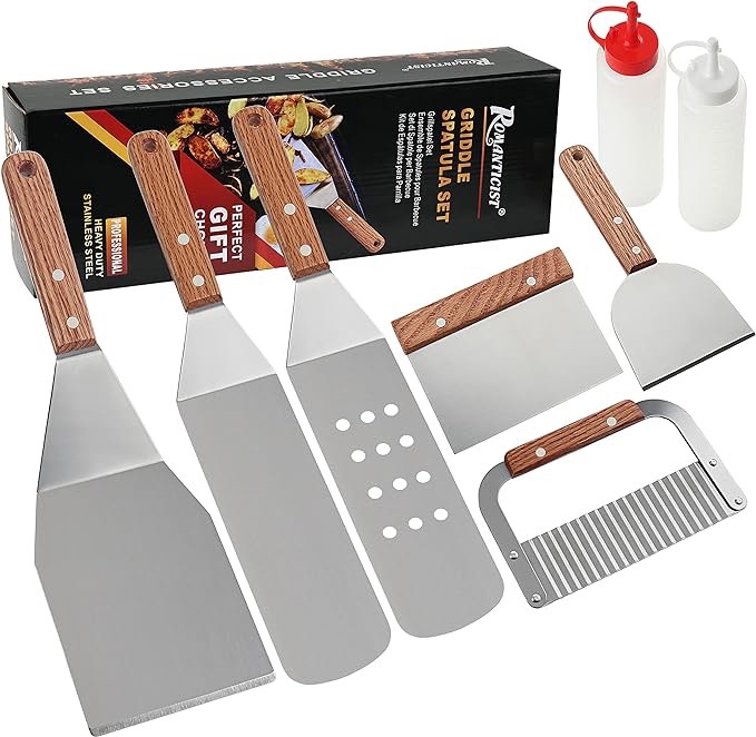 Rayality Supplies 8Pc Professional Griddle Accessories Kit-Grill Spatula Set for Grill Griddle Hibachi Flat Top Outdoor-Cooking Commercial Grade -Great Grill Gift on Birthday Day