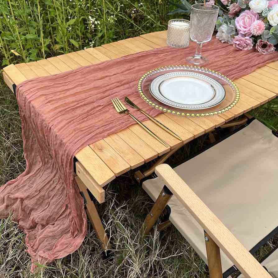 LEISMFUN Cheesecloth Table Runner, 10FT Table Runner 35 X 120 Inches Gauze Table Runner Natural Long Arch Draping for Weddings, Dusty Rose Tablecloth