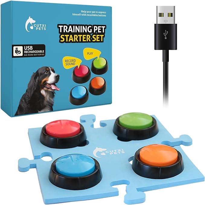 Cutxi Pets - Juego de 4 botones de entrenamiento recargables por USB para perro, 4 botones para comunicación, juego de botones para hablar con perro, kit de entrenamiento para hacer clic para perros, alfombrilla y bolígrafo incluidos