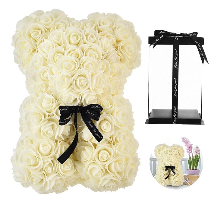 Rose Teddy Bear on Every Rose Bear -Flower Bear Perfect for mom Gifts for Women Gifts for Girlfriend- Clear Gift Box Included! 10 Inche (White, 10in)
