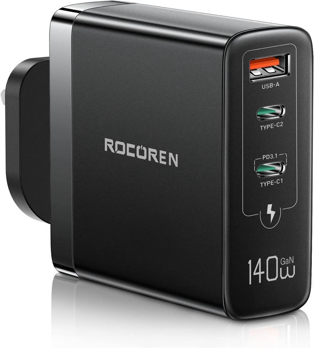 Rocoren 140W USB C Charger, PD3.1 GaN Tech Laptop Charger Plug, 3 Ports Fast Charge Simultaneously Compatible with MacBook Pro 16?, ThinkPad, iPad Pro, Galaxy S24+/S23, Dell, iPhone 15, Huawei, Pixel