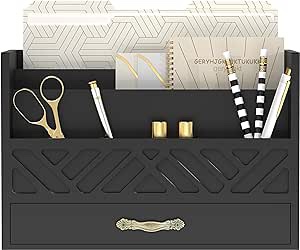 SUPEASY Black Wood Desk Organizer with Drawer, Multi-Functional Bill Mail Organizer and Mail Holder, Desk Accessories & Workspace Organizers with 5 Compartments + Drawer for Office Art Supplies