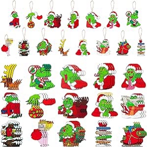 46Pcs Xmas Theme Hanging Ornaments Green Furry Wooden Decorative Green Christmas Monsters Tree Hanging Sign with Rope Christmas Gnome Gift Tag for Christmas Tree Home Decoration