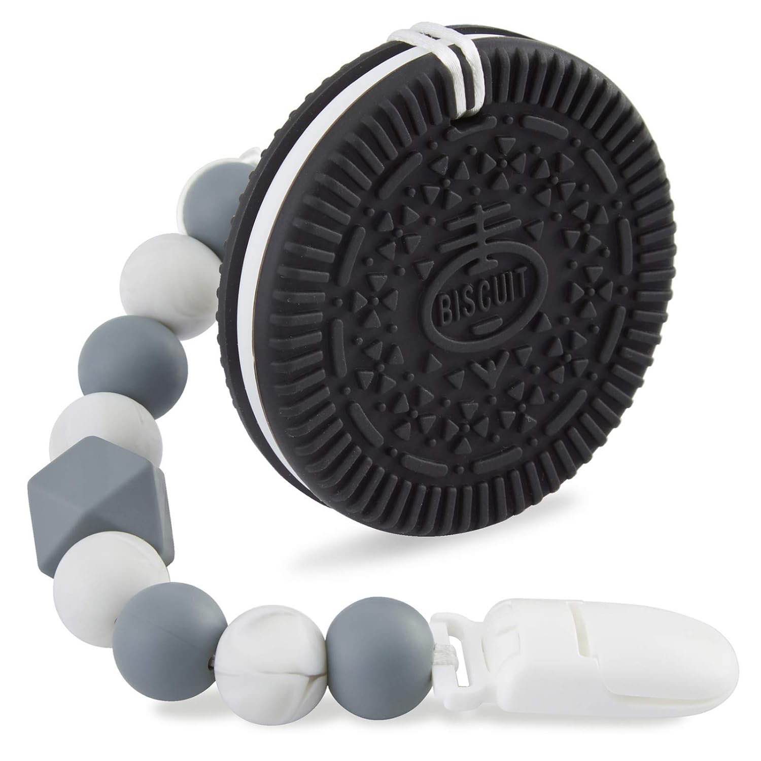 Baby Teething Toys for 3-6 6-12 Months Babies, Silicone Teethers with Relief Beads Binky Holder and Pacifier Clips, Cookie Design for Boys and Girls Black