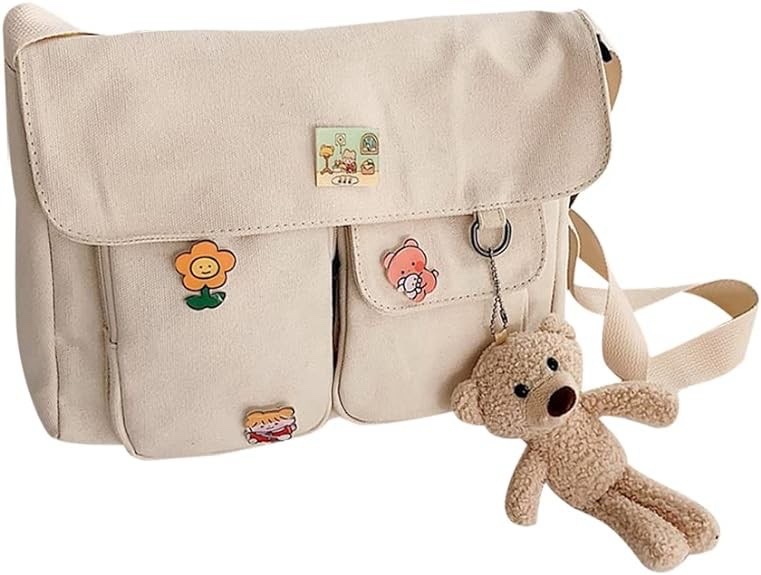 Canvas Crossbody Bag with Kawaii Pins and Pendent for Women Girls Casual Shoulder Messenger Bag Students Schoolbag