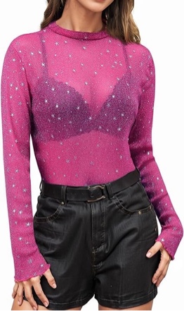 TSIPR Women Nashville Glitter Sheer See Through Top Sparkly Star Mesh Tops Shirt Long Sleeve Concert Outfit