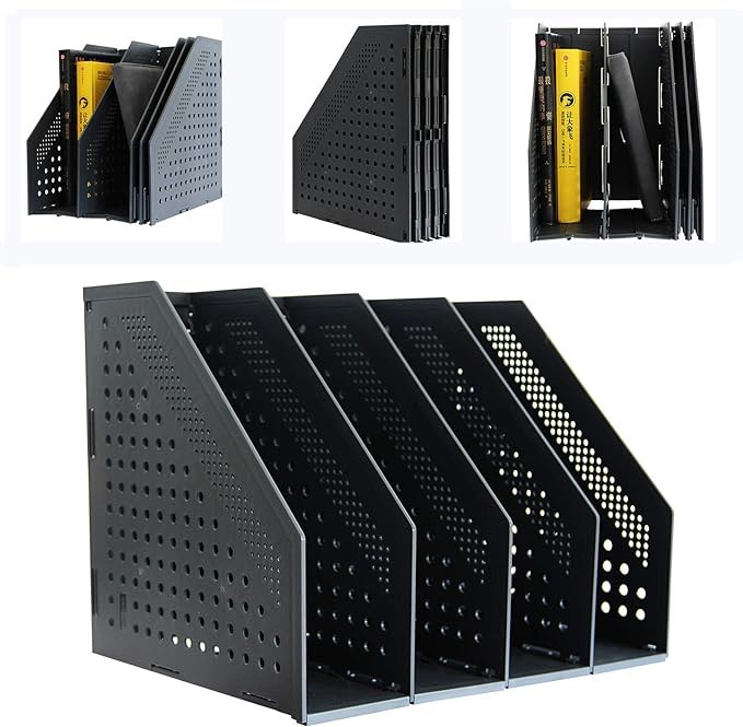 Aosivm 4 Compartments Collapsible Magazine File Holder/Desk Organizer for Office Organization and Storage with 3 Vertical Compartments (Dark Gray)
